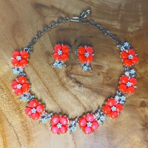 Vintage 50's Lucite Coral Colored Flower Necklace & Earring Set Rhinestones MCM